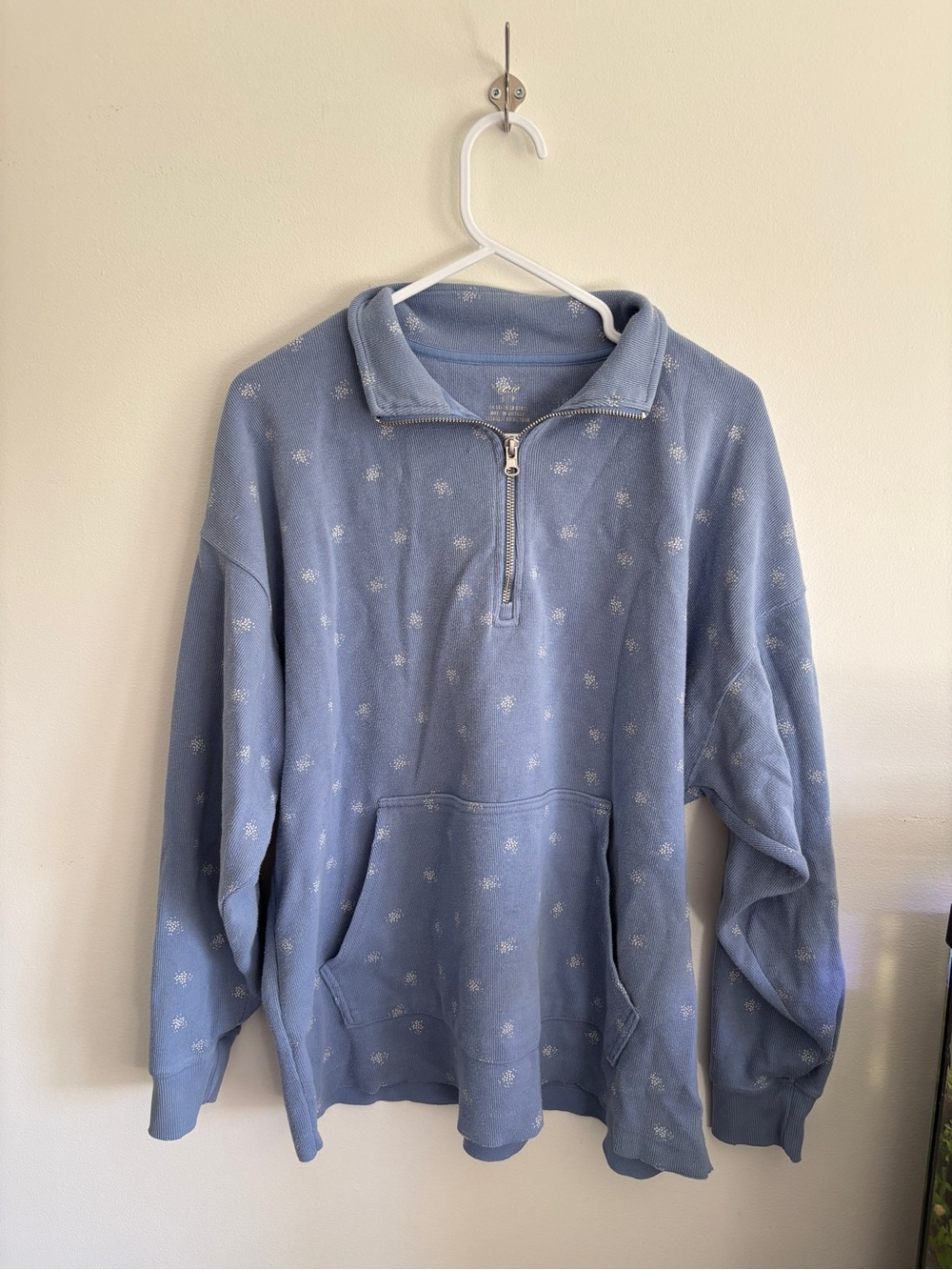 aerie Dusty Blue Half-Zip Sweatshirt with Subtle White Floral Dots